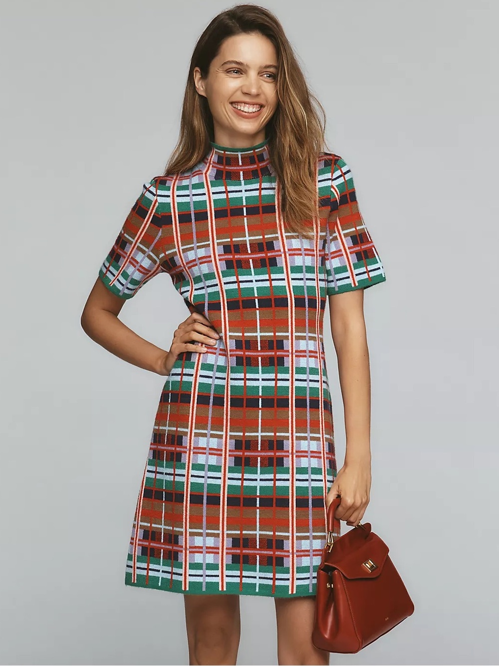 ANTHROPOLOGIE NWT XS Nina Mock Neck Sweater Mini Dress Multi Plaid Holiday